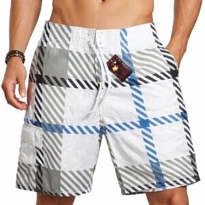 Joe Boxer Board Shorts Mens 30 White Blue Grey Plaid Striped Swim Trunks New